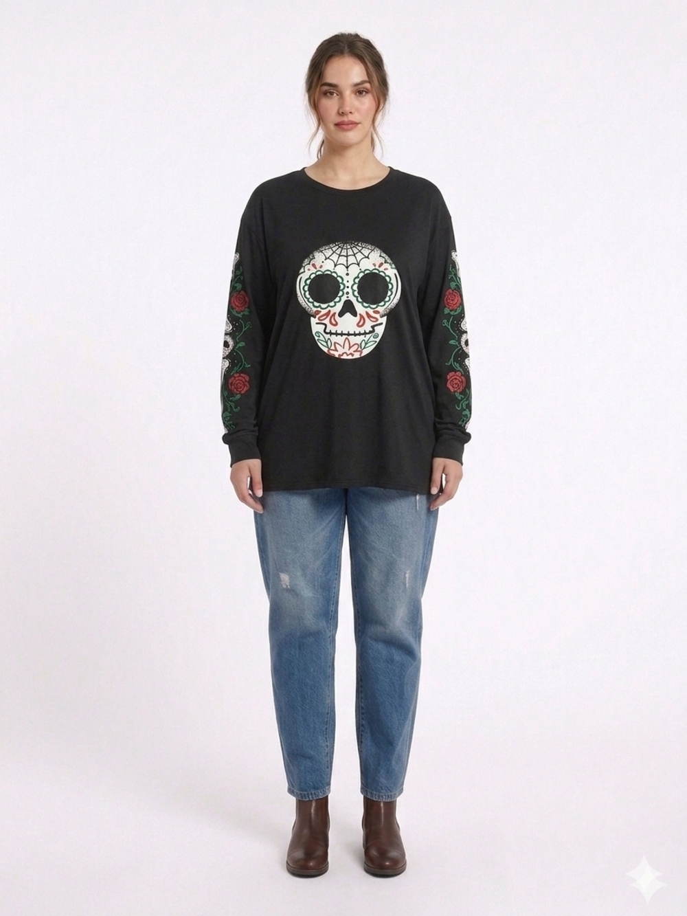 Black Long Sleeve Sugar Skull Tee with Rose Sleeve Detail Up To Size 3XL